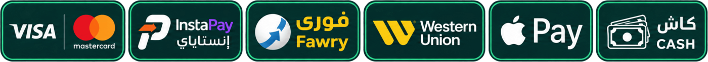 وسائل الدفع: فيزا وماستركارد وإنستاباي وفوري وويسترن يونيون وآبل باي وكاش